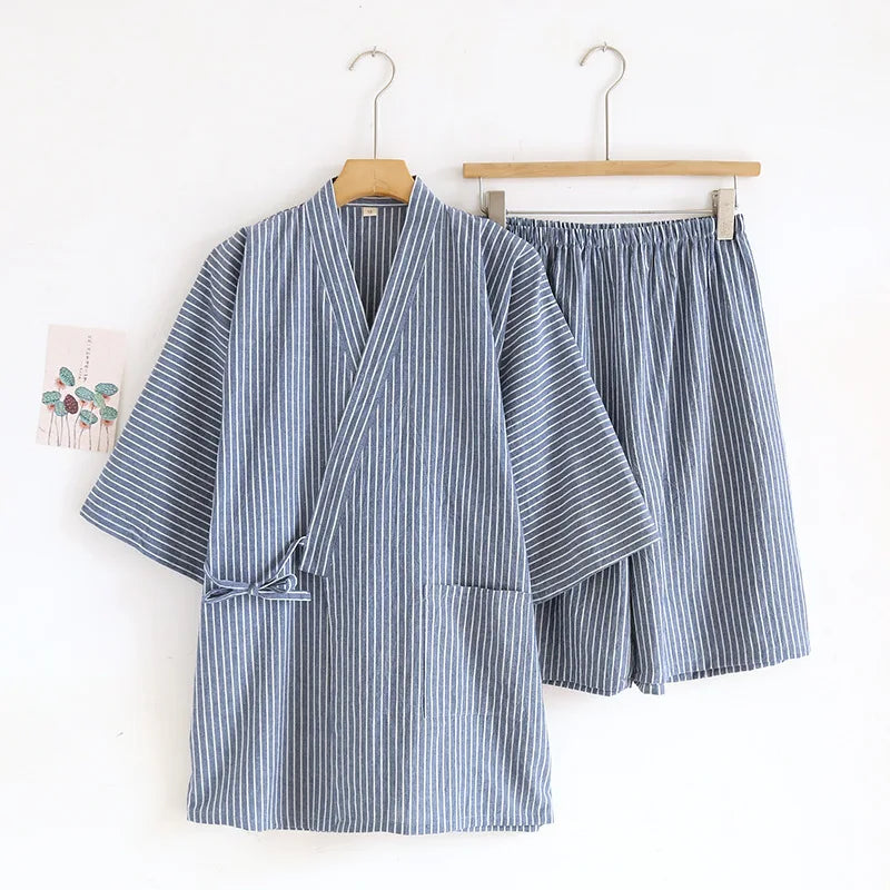 2026 Men's Summer 100% Cotton Pajama Sets Loose Bathrobes V-Neck Kimono Pijama Striped Half Sleeve and Shorts Men Homewear Suit