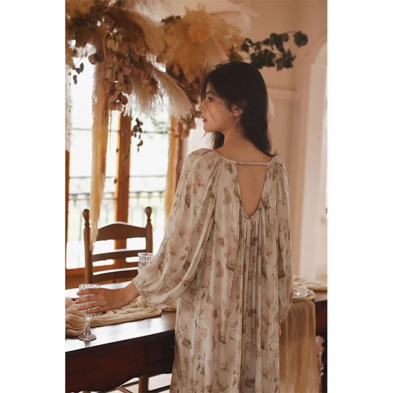 2024 Spring Satin Sleep Dress Elegant and Elegant Printed Backless Pullover Long Sleeved Nightwear for Women's Home Sleepwear