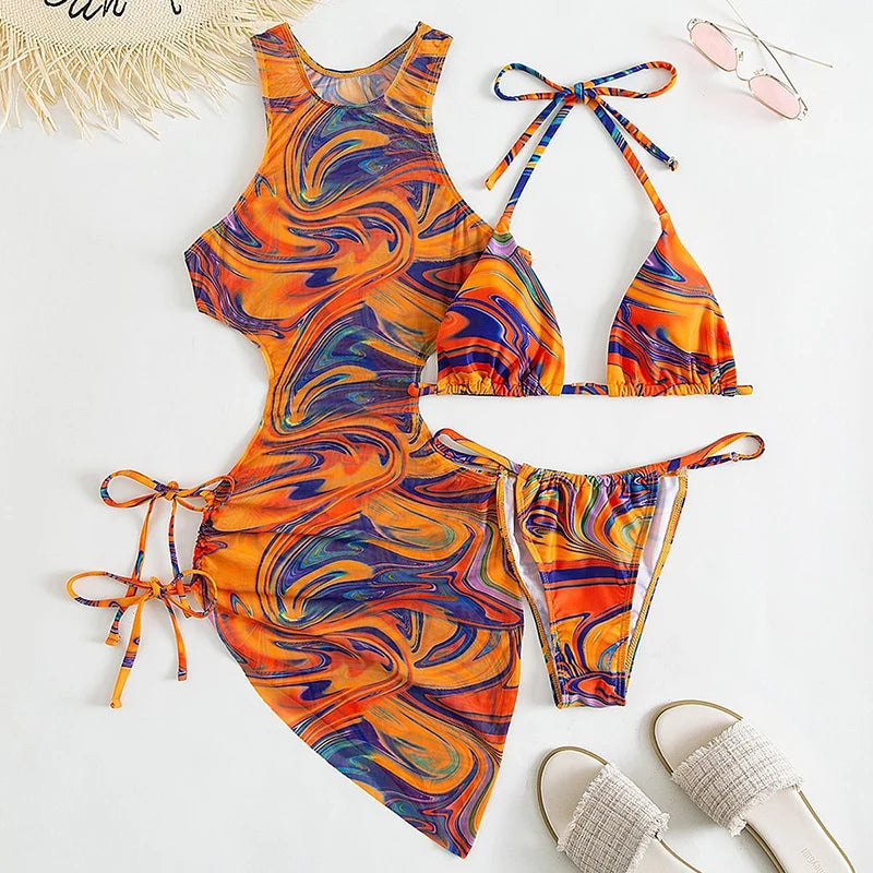 3 Pieces Bikini Set Women Leopard Halter Sexy Swimsuit 2026 Bikinis With Beach Cover Up Swimwear Backless Bandage Bathing Suit