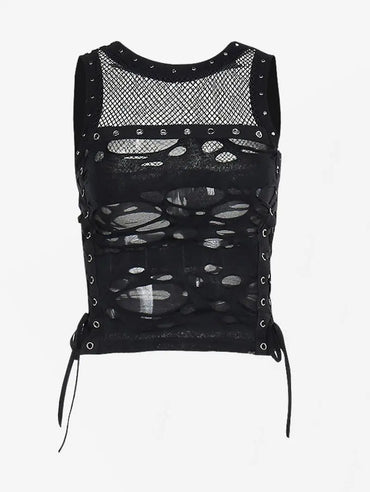 Gothic Ripped Fishnet Panel Grommet Side Lace Up Sexy Vest Black Round Neck Women Crop Tank Top