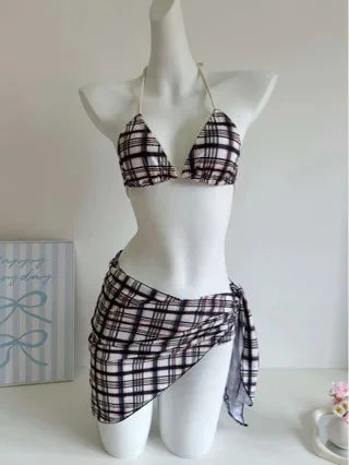 Low-Waist Plaid Bikini with Drawstring Strap Thermal Spring Swimsuit Women's Fashionable Vintage Lace Detailing By-Jane