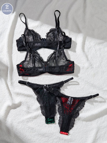 Women's Sexy Satin Lace Lingerie Set - See Through Push Up Bra &Brazilian Panties, Sheer Strappy for Valentine's Christmas Gifts