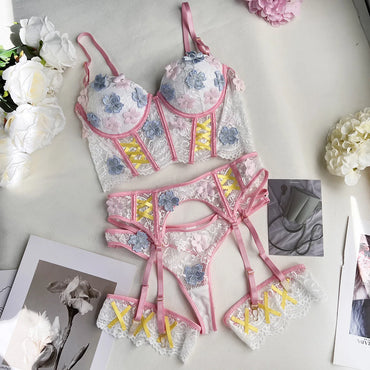 Diccvicc Lingerie for Women Floral Embroidery Sexy Lace Push Up Bra Fancy Garter Set Cute Girl Female Underwear Exotic Apparel