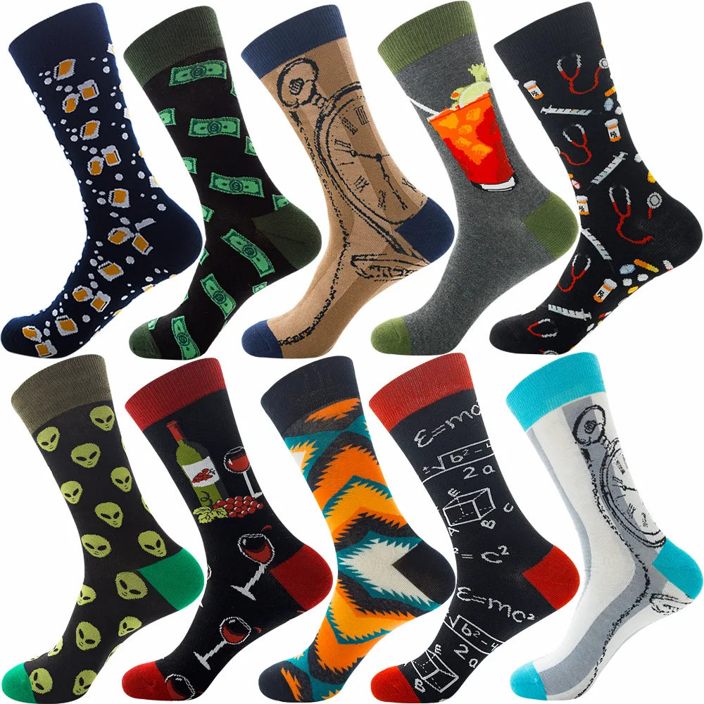 10 Pairs/Lot Funny Happy Men Socks Crew Socks Colorful Combed Cotton Christmas Rhombus Casual Fashion Autumn Big Size Men Socks