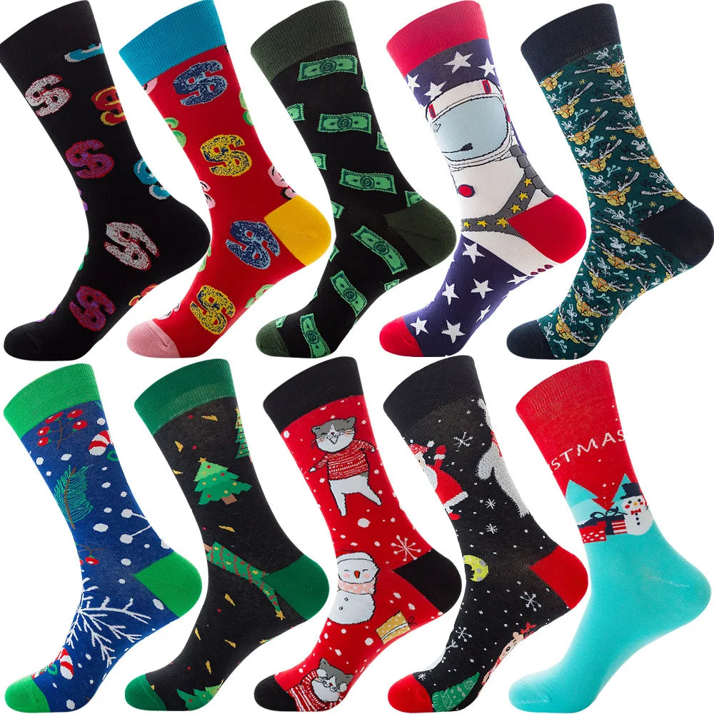 10 Pairs/Lot Funny Happy Men Socks Crew Socks Colorful Combed Cotton Christmas Rhombus Casual Fashion Autumn Big Size Men Socks