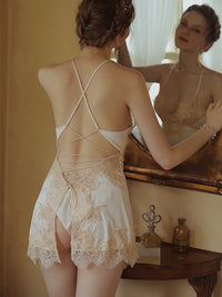 Dream Blue Nightdress Autumn Elegant Luxury Sexy Split Suspenders Female Beauty Back Lace Silky Dress with Panty Sleeping Dress