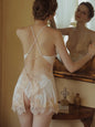 Dream Blue Nightdress Autumn Elegant Luxury Sexy Split Suspenders Female Beauty Back Lace Silky Dress with Panty Sleeping Dress