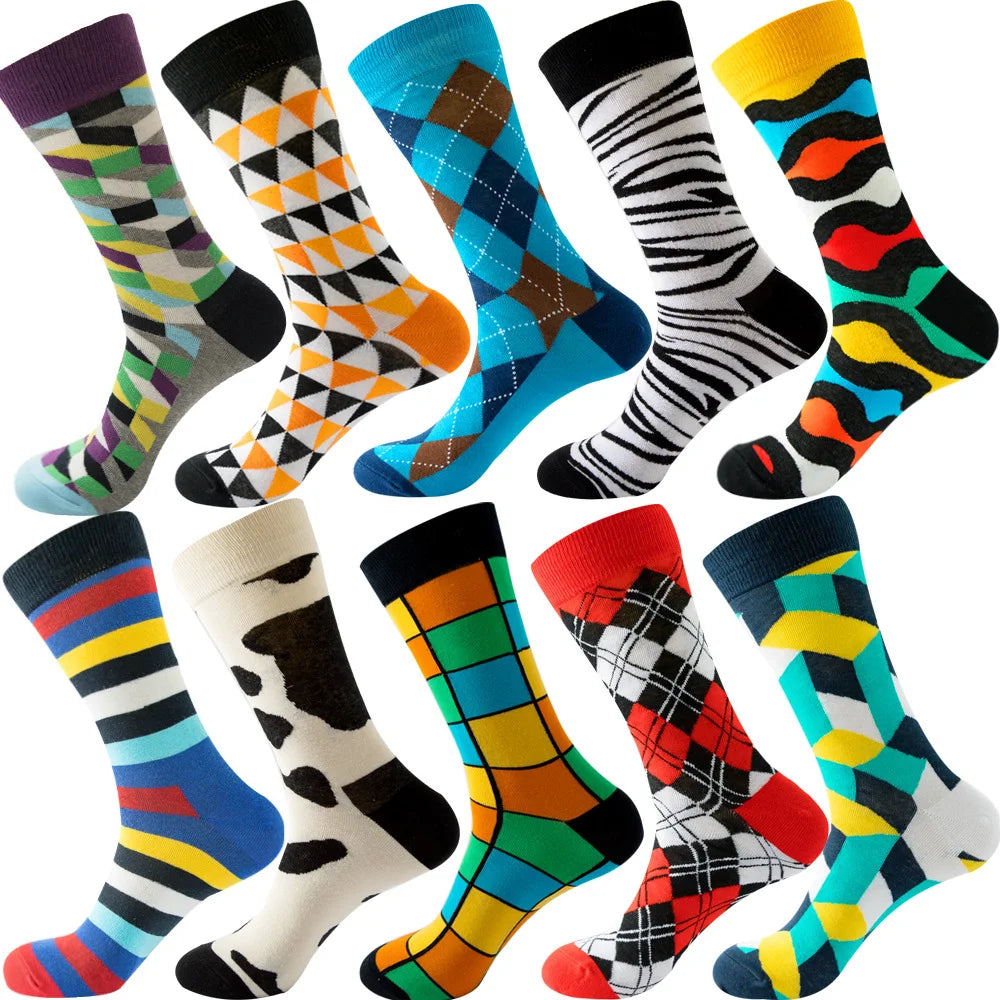 10 Pairs/Lot Funny Happy Men Socks Crew Socks Colorful Combed Cotton Christmas Rhombus Casual Fashion Autumn Big Size Men Socks
