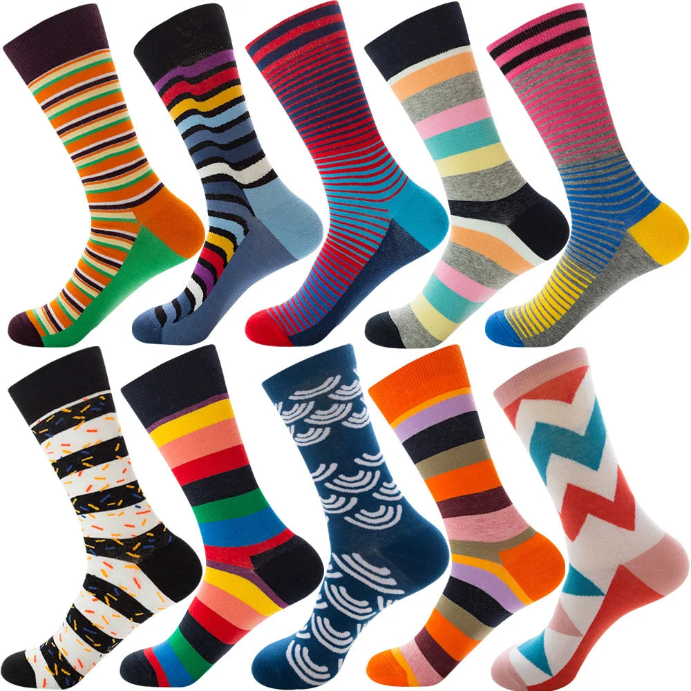 10 Pairs/Lot Funny Happy Men Socks Crew Socks Colorful Combed Cotton Christmas Rhombus Casual Fashion Autumn Big Size Men Socks