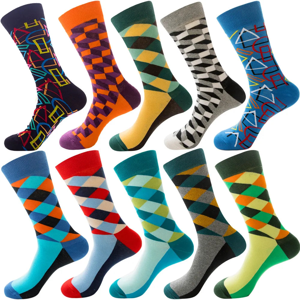 10 Pairs/Lot Funny Happy Men Socks Crew Socks Colorful Combed Cotton Christmas Rhombus Casual Fashion Autumn Big Size Men Socks