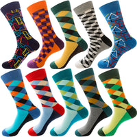 10 Pairs/Lot Funny Happy Men Socks Crew Socks Colorful Combed Cotton Christmas Rhombus Casual Fashion Autumn Big Size Men Socks