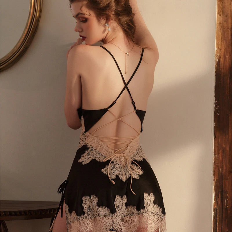 Beauty Back Silk Nightgown Sling Lace Embroidery V-Neck Nightdress Women Sleepwear Sexy Lingerie Nightwear Backless Strap Dress