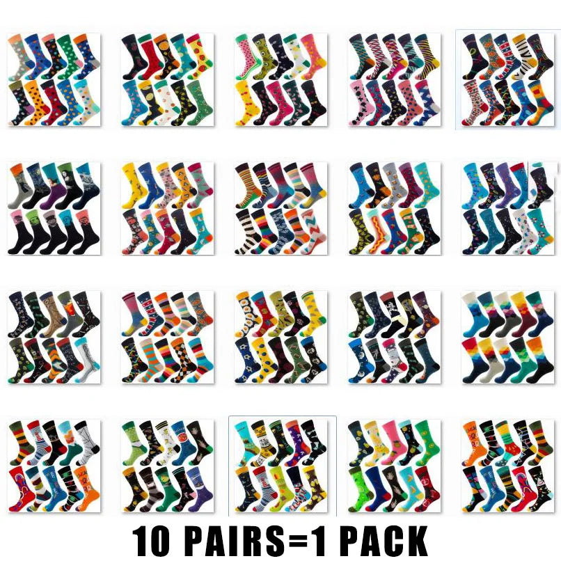 10 Pairs/Lot Funny Happy Men Socks Crew Socks Colorful Combed Cotton Christmas Rhombus Casual Fashion Autumn Big Size Men Socks