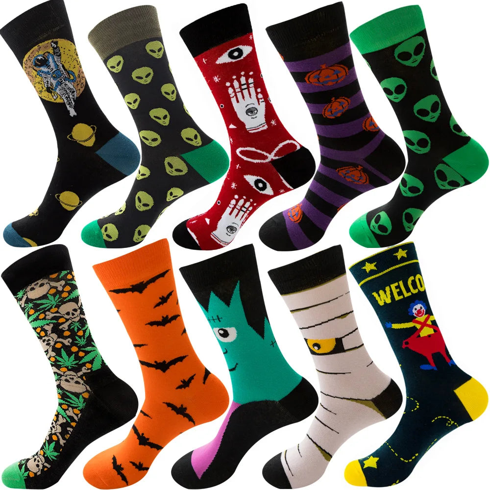 10 Pairs/Lot Funny Happy Men Socks Crew Socks Colorful Combed Cotton Christmas Rhombus Casual Fashion Autumn Big Size Men Socks