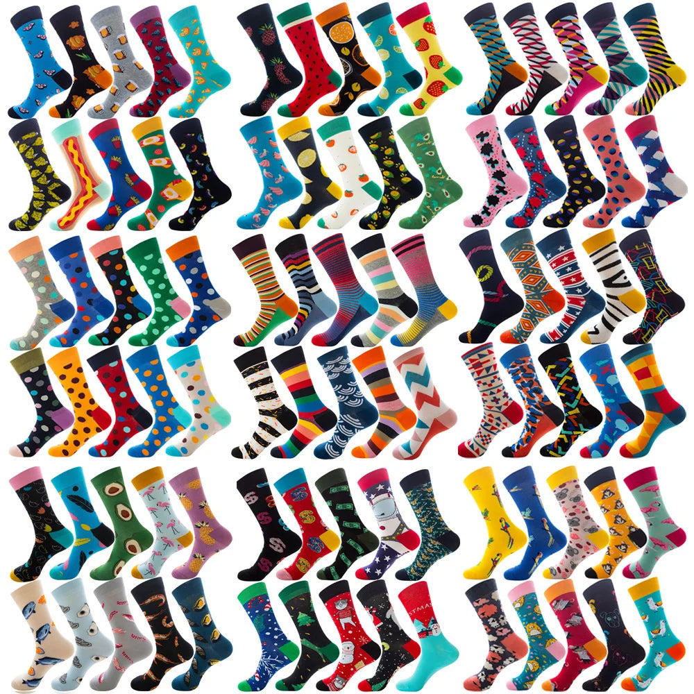 10 Pairs/Lot Funny Happy Men Socks Crew Socks Colorful Combed Cotton Christmas Rhombus Casual Fashion Autumn Big Size Men Socks
