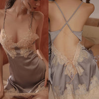 Dream Blue Nightdress Autumn Elegant Luxury Sexy Split Suspenders Female Beauty Back Lace Silky Dress with Panty Sleeping Dress