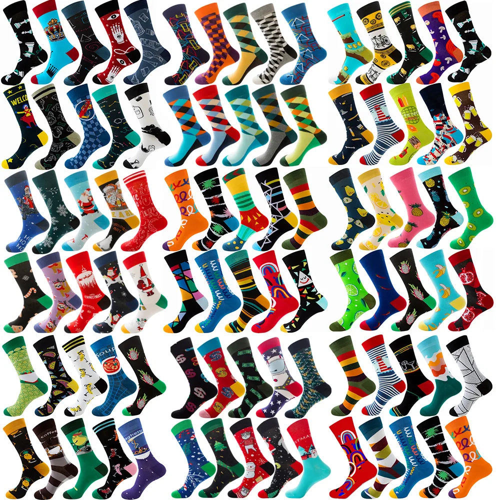 10 Pairs/Lot Funny Happy Men Socks Crew Socks Colorful Combed Cotton Christmas Rhombus Casual Fashion Autumn Big Size Men Socks