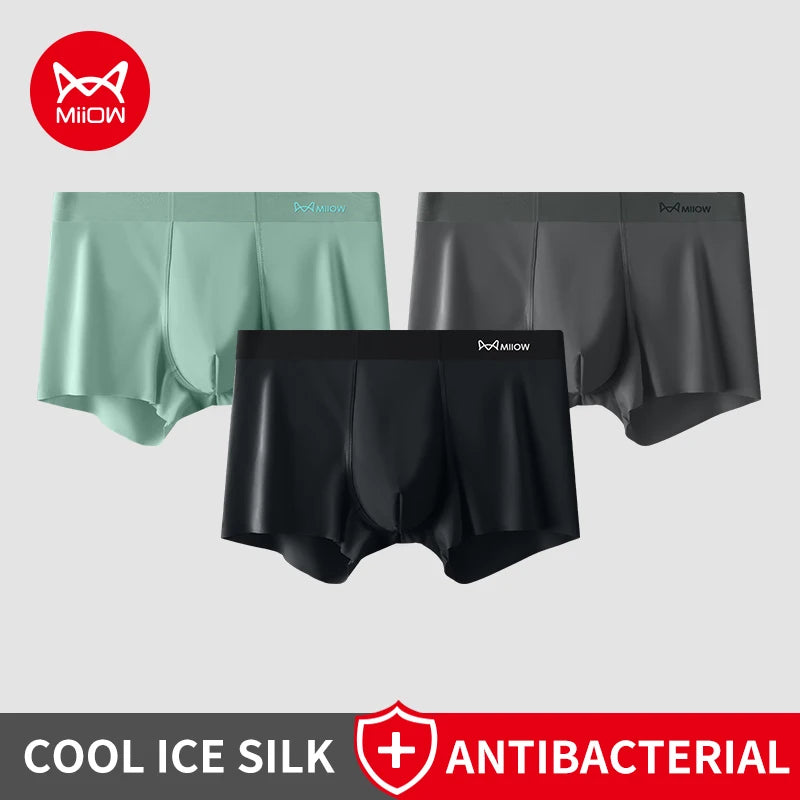 MIIOW 3Pcs Ice Silk Man Underwear Boxer Metal Fiber Antistatic Men Underpants Seamless Cut Hem Men's Panties Boxers Shorts Trunk