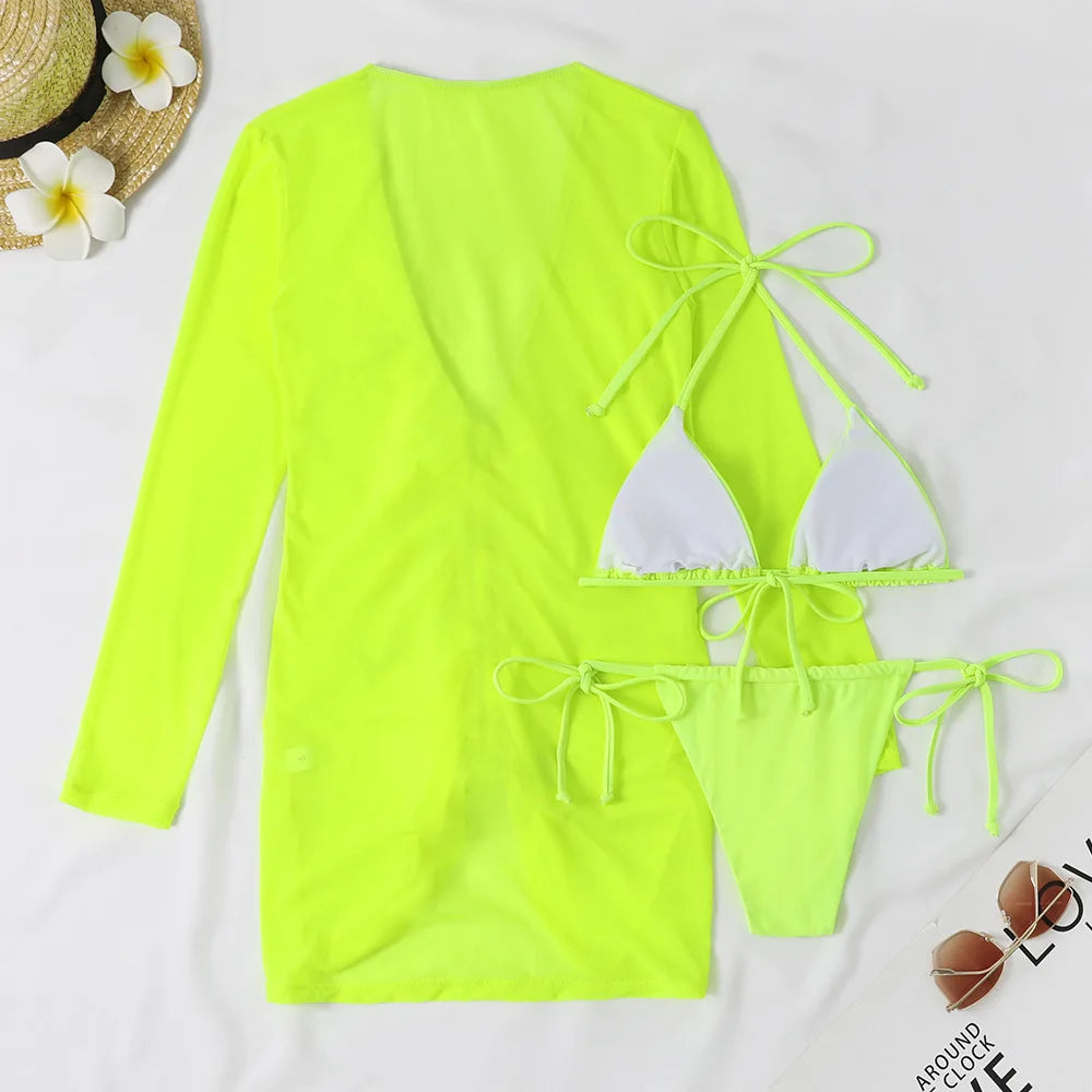 2024 Solid 3pack Bikini Women Swimsuit&Kimono Cover Up Swimwear Female Thong Bathing Suit Neon Bikini Set Swimming Suits Biquini