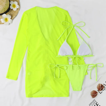 2024 Solid 3pack Bikini Women Swimsuit&Kimono Cover Up Swimwear Female Thong Bathing Suit Neon Bikini Set Swimming Suits Biquini