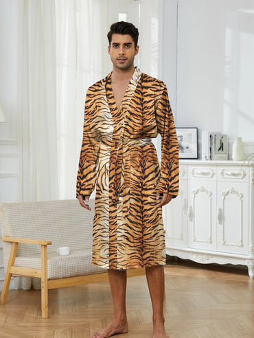 Men's bathrobe with tiger stripe element digital printing, suitable for home leisure and entertainment men's robes,quick drying.