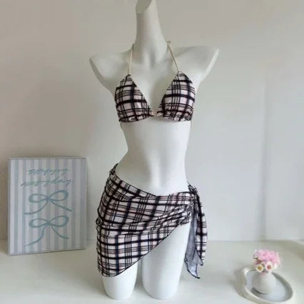 Low-Waist Plaid Bikini with Drawstring Strap Thermal Spring Swimsuit Women's Fashionable Vintage Lace Detailing By-Jane