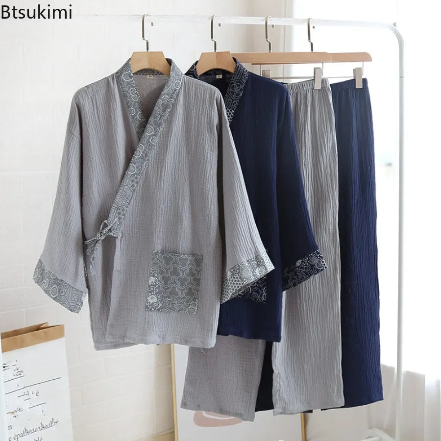 New Men's Cotton Pajama Sets Japanese Kimono Plus Size Long Sleeve Pant Suit Casual Comfortable Home Service Two-piece Sleepwear