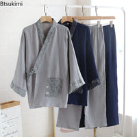 New Men's Cotton Pajama Sets Japanese Kimono Plus Size Long Sleeve Pant Suit Casual Comfortable Home Service Two-piece Sleepwear