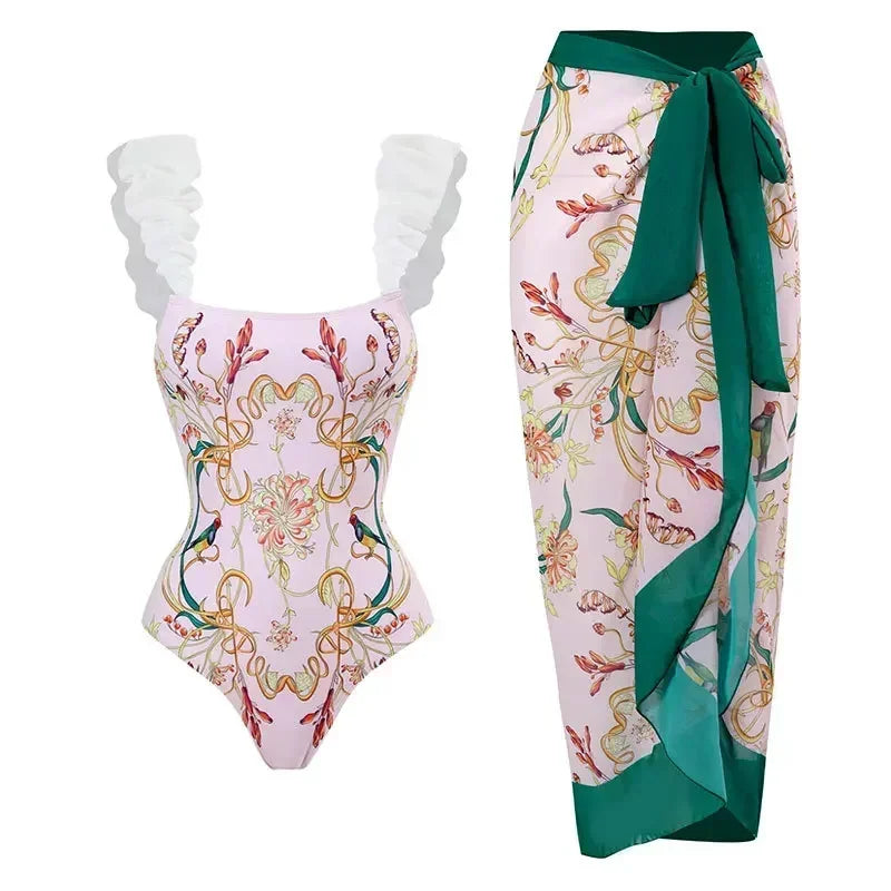 2026 New 2-Piece Women Bikini Set Bodysuit Skirt Cover Ups Sets Women Swimsuit Bandage Bathing Fashion Print Splice Beach Suit