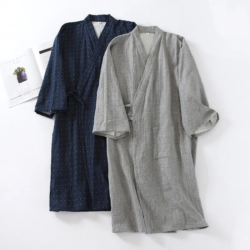 Japanese Style Cotton Men's Kimono Pajamas Robes for Spring and Summer Thin and Oversized Bathrobes Home Clothes Mens Pajamas