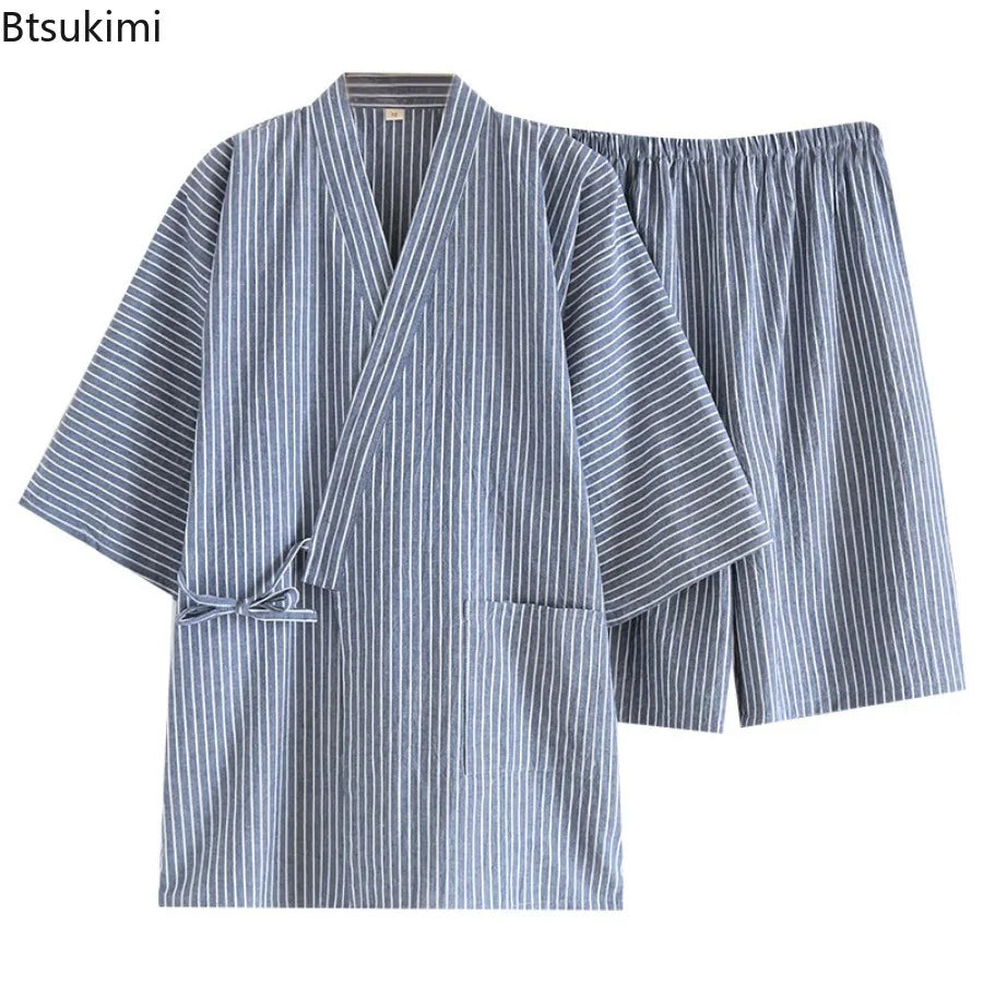 2026 Men's Summer 100% Cotton Pajama Sets Loose Bathrobes V-Neck Kimono Pijama Striped Half Sleeve and Shorts Men Homewear Suit