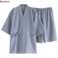 2026 Men's Summer 100% Cotton Pajama Sets Loose Bathrobes V-Neck Kimono Pijama Striped Half Sleeve and Shorts Men Homewear Suit