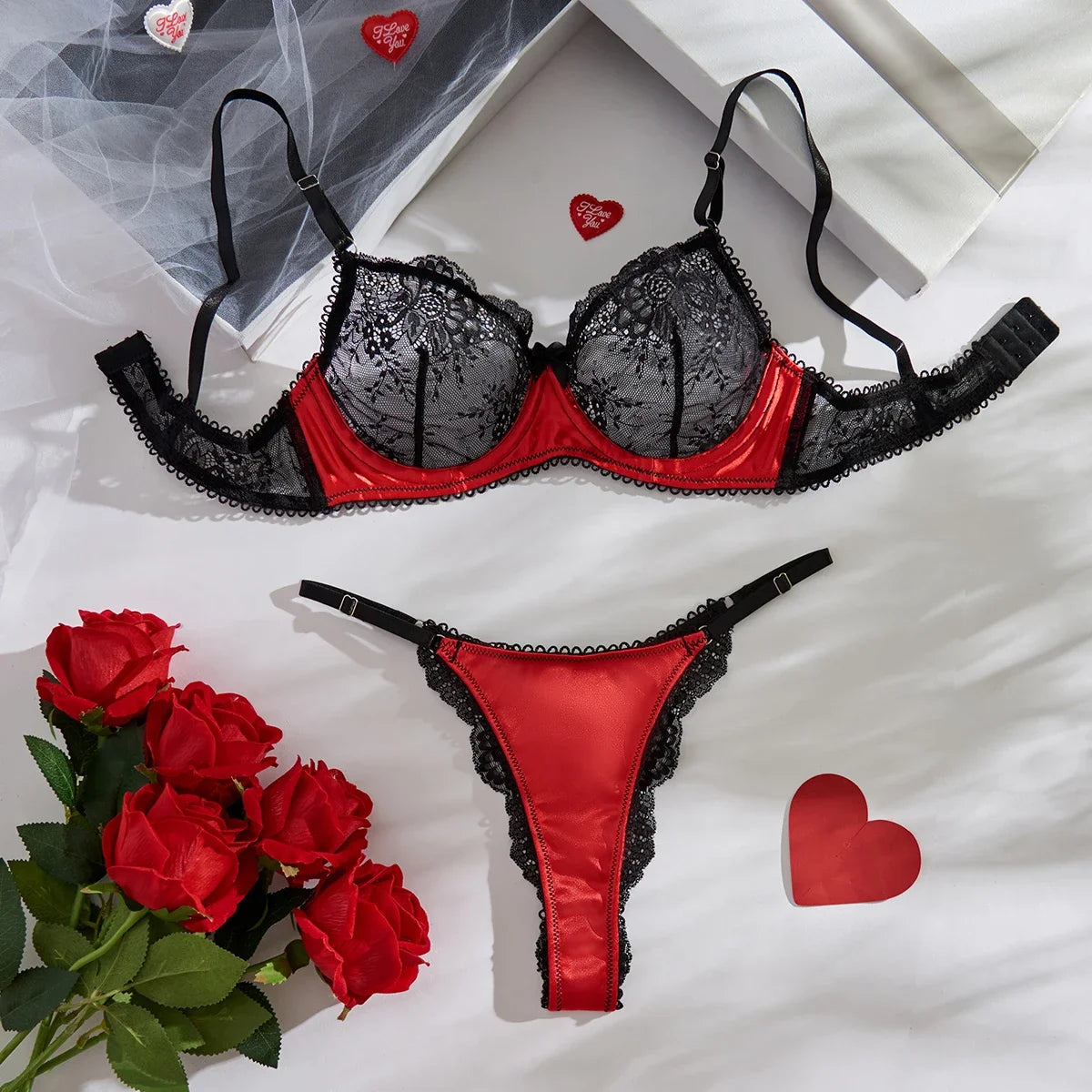 Women's Sexy Satin Lace Lingerie Set - See Through Push Up Bra &Brazilian Panties, Sheer Strappy for Valentine's Christmas Gifts