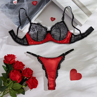 Women's Sexy Satin Lace Lingerie Set - See Through Push Up Bra &Brazilian Panties, Sheer Strappy for Valentine's Christmas Gifts