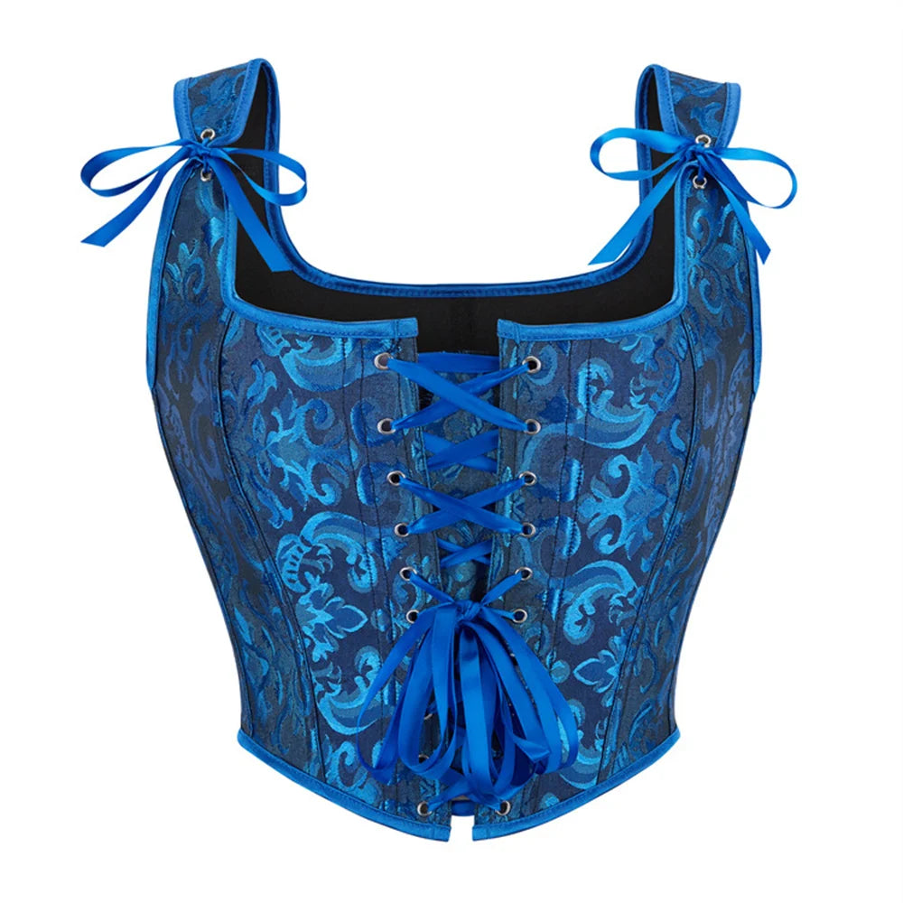 Blue Jacquard Corset Sexy Shoulder Straps Overbust Bustiers Crop Top Lace Up Brocade Vest Lingerie Gothic For Women Outfit