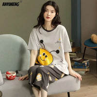 Knitted Cotton Pijama Cartoon Pajamas Sets Women Pyjamas Summer Sleepwear Mujer Nightwear Plus Size Calf-Length Pants Homewear