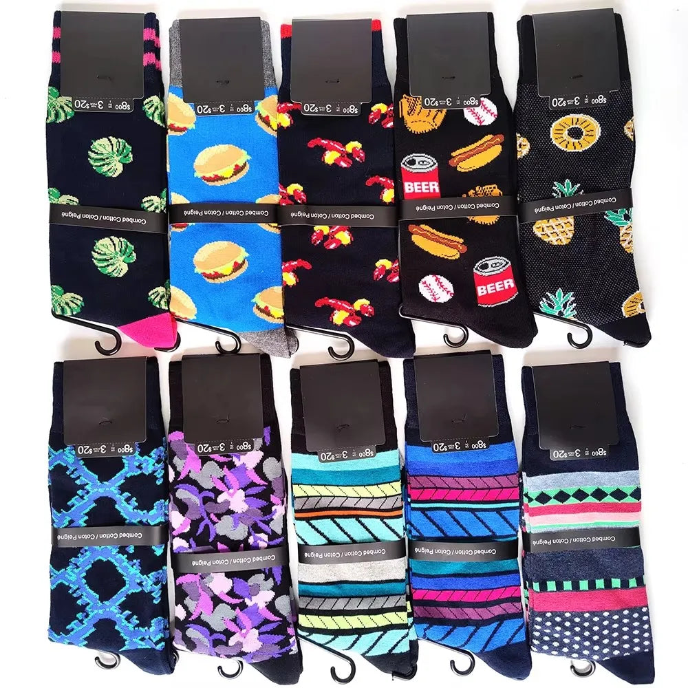 10 Pairs/Lot Funny Happy Men Socks Crew Socks Colorful Combed Cotton Christmas Rhombus Casual Fashion Autumn Big Size Men Socks
