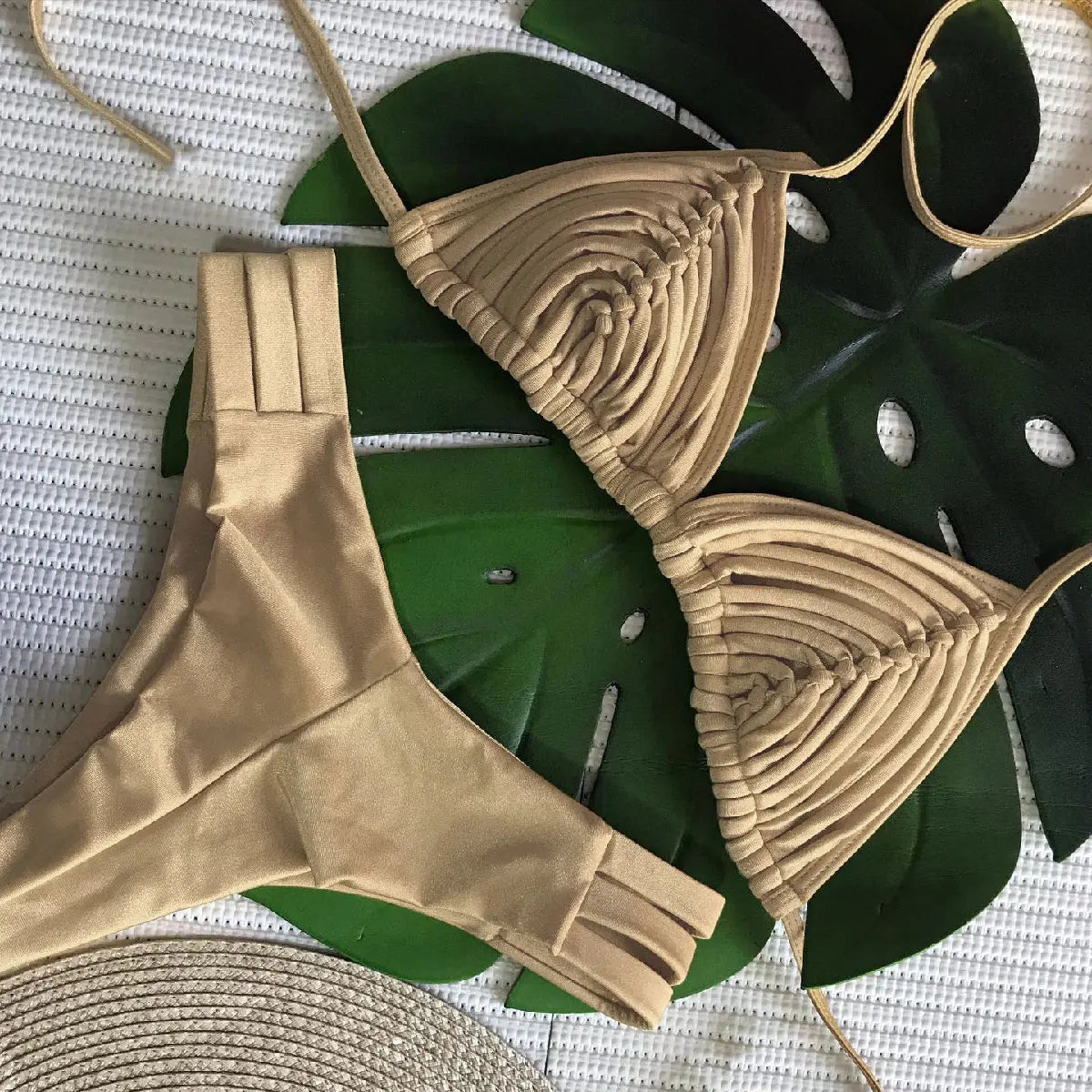 Sexy Braid Bikini Swimsuit Brazilan Bikini Set Swimwear for Women High Leg Halter Two Piece Bathing Suits Summer Female