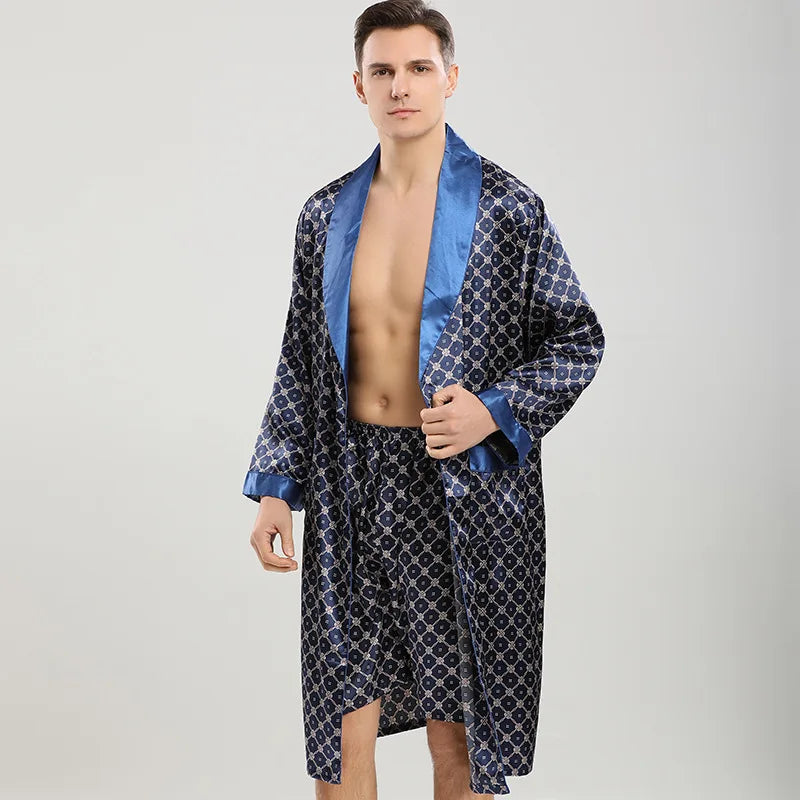 Men Pajamas Satin Kimono Robe Gown With Pants Thin Nightgown Two-pieces Bathrobe&Trousers Suit Summer Long Sleeve Nightwear