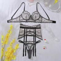 2025 Fashion Sexy Heavy Craft Embroidered Bra Set Mesh See Through Slim Exotic Luxury Erotic Lingerie Panty Three Piece Set