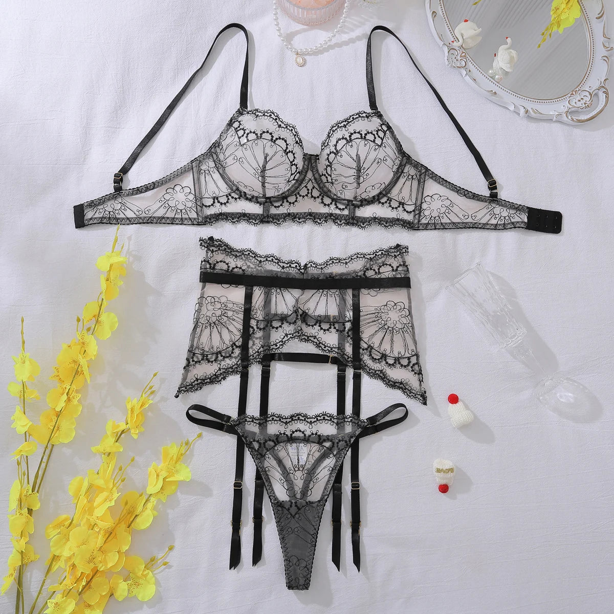 2025 Fashion Sexy Heavy Craft Embroidered Bra Set Mesh See Through Slim Exotic Luxury Erotic Lingerie Panty Three Piece Set