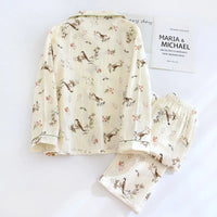 2026 New Spring and Autumn Women's Pajama Set 100% Cotton Crepe Long Sleeve Long Pants Two Piece Set Loose Enlarged Home Clothes