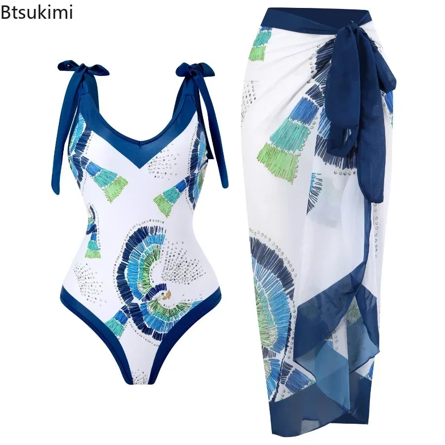 2026 New 2-Piece Women Bikini Set Bodysuit Skirt Cover Ups Sets Women Swimsuit Bandage Bathing Fashion Print Splice Beach Suit