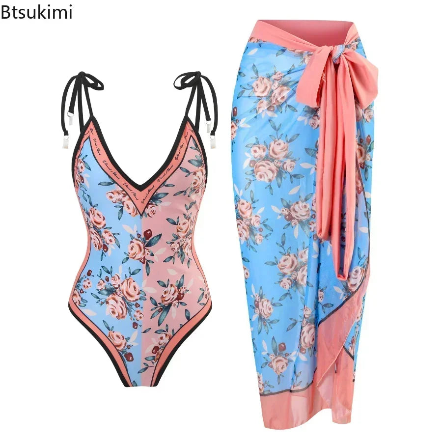 2026 New 2-Piece Women Bikini Set Bodysuit Skirt Cover Ups Sets Women Swimsuit Bandage Bathing Fashion Print Splice Beach Suit