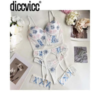 Diccvicc Lingerie for Women Floral Embroidery Sexy Lace Push Up Bra Fancy Garter Set Cute Girl Female Underwear Exotic Apparel
