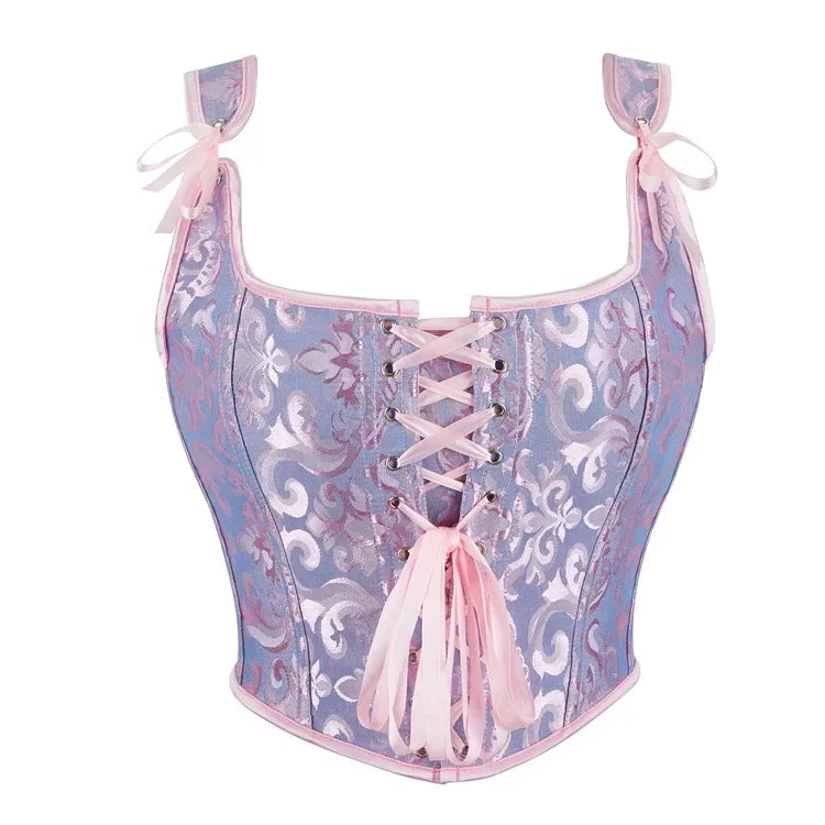 Blue Jacquard Corset Sexy Shoulder Straps Overbust Bustiers Crop Top Lace Up Brocade Vest Lingerie Gothic For Women Outfit
