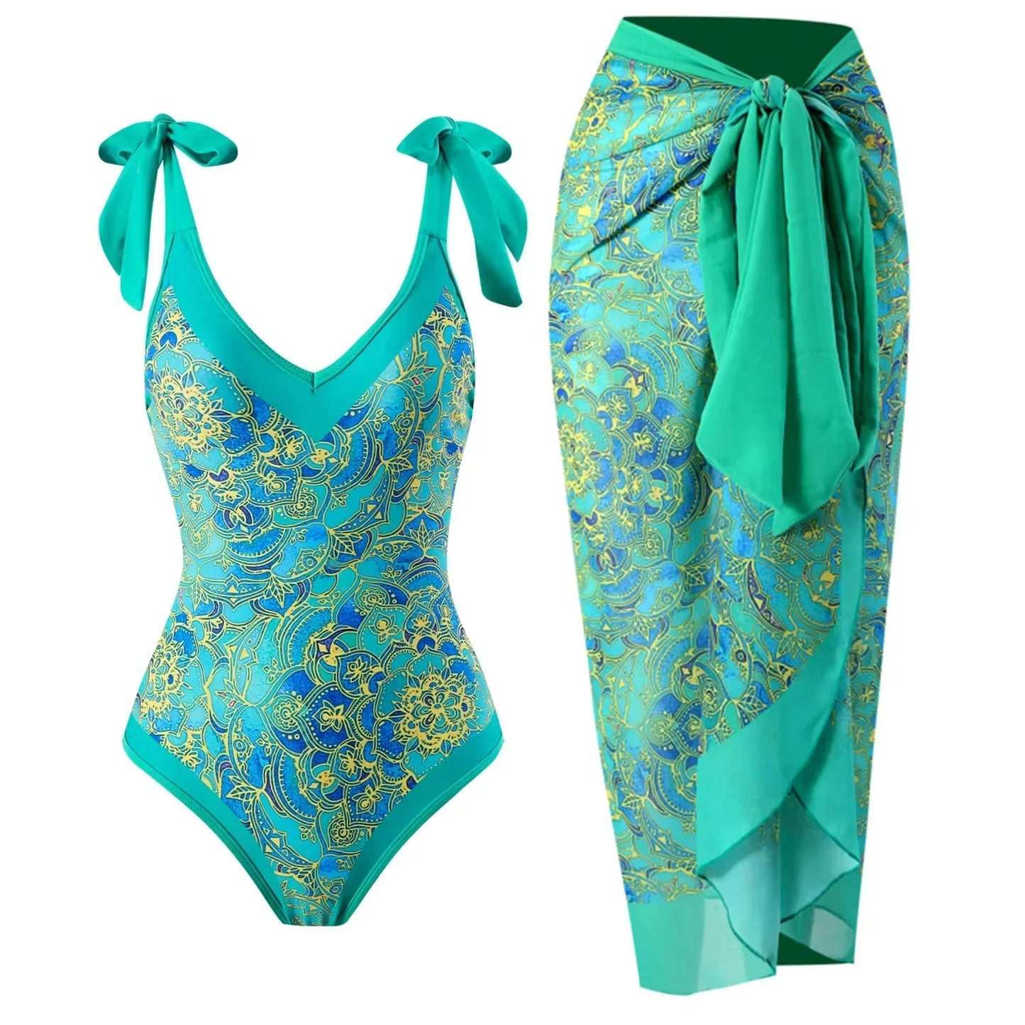 2026 New 2-Piece Women Bikini Set Bodysuit Skirt Cover Ups Sets Women Swimsuit Bandage Bathing Fashion Print Splice Beach Suit