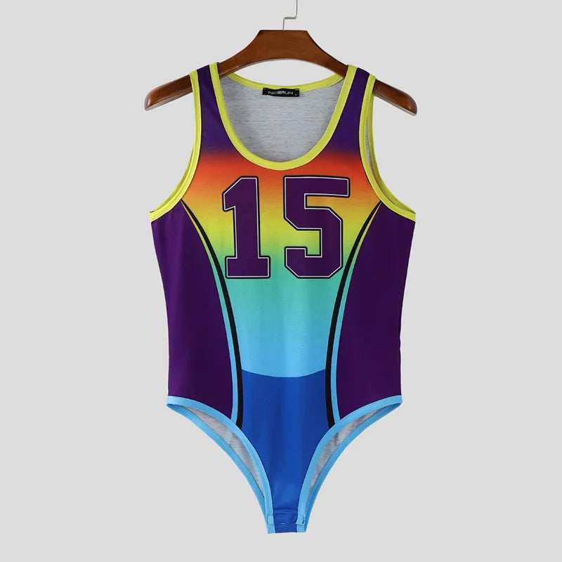 INCERUN Men Bodysuits Patchwork Printing Gradient O-neck Sleeveless Male Rompers Workout Playsuits 2025 Fashion Casual Bodysuit
