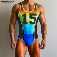 INCERUN Men Bodysuits Patchwork Printing Gradient O-neck Sleeveless Male Rompers Workout Playsuits 2025 Fashion Casual Bodysuit