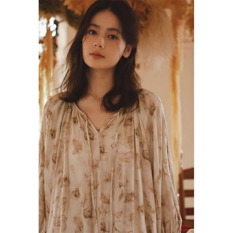2024 Spring Satin Sleep Dress Elegant and Elegant Printed Backless Pullover Long Sleeved Nightwear for Women's Home Sleepwear